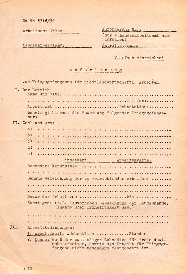 Nr. 1a Antrag auf Anforderung von Kriegsgefangenen, Seite 1